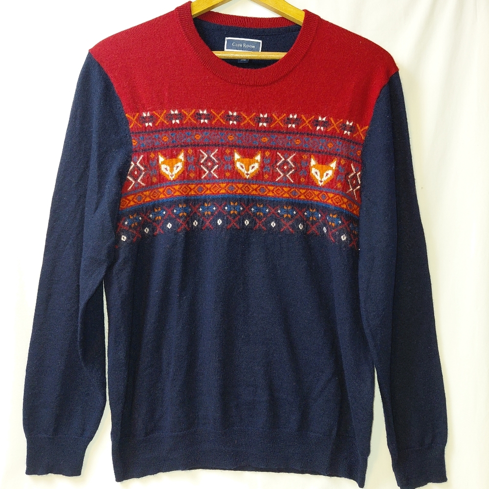 Club Room Merino Wool Blend Fox Fair Isle Sweater Men's Sz Large‎ Crewneck